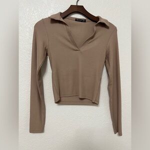 Stradivarius Ribbed Brown Long Sleeve Top